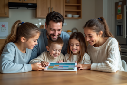 Famille souriante autour d'un calendrier numérique partagé