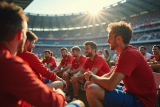 Groupe de supporters sportifs dans un stade en discussion