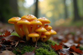 Champignons fausse chanterelle sur sol humide en forêt