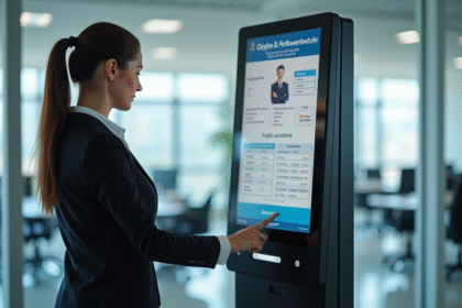 Femme d affaires utilisant un kiosque HR numérique lumineux