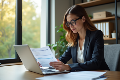 Femme d'affaires en bureau lumineux avec documents financiers