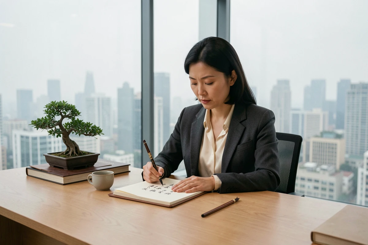 Femme d'affaires chinoise écrivant des proverbes de sagesse dans un carnet dans un bureau moderne de Shanghai