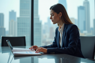 Femme d'affaires en costume bleu analysant des rapports d'investissement