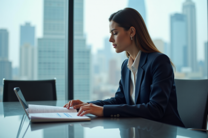 Femme d'affaires en costume bleu analysant des rapports d'investissement