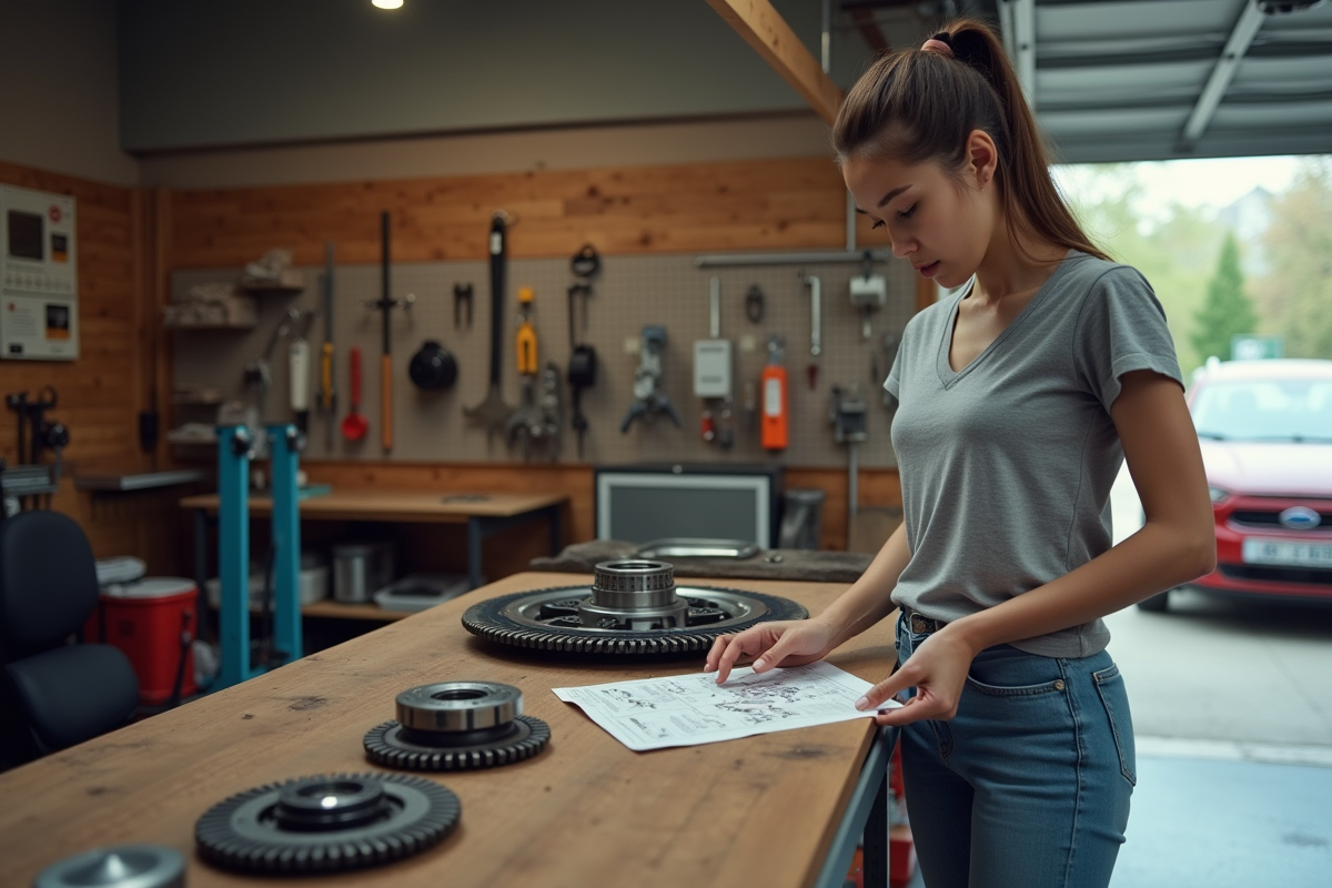 Jeune femme étudiant un ensemble de volant et embrayage