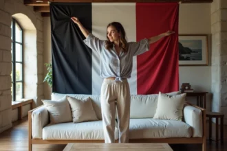 Jeune femme en tenue bretonne dans un intérieur authentique
