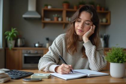Jeune femme concentrée à la cuisine avec factures et calculatrice