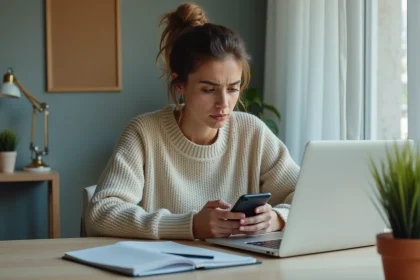 Jeune femme au bureau utilisant ordinateur et smartphone
