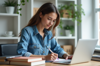 Jeune femme organisée dans son bureau à domicile en train de planifier