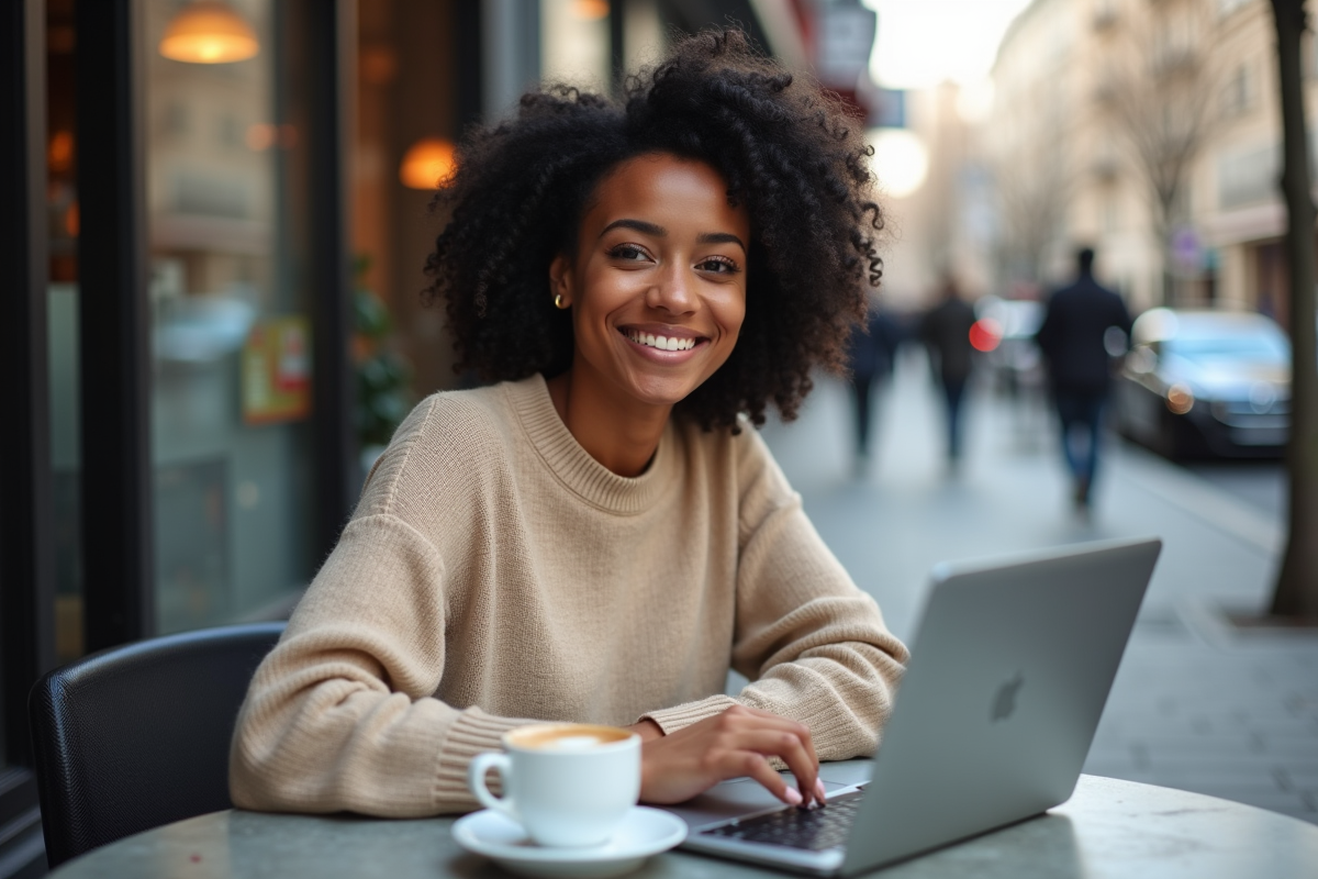 Jeune femme souriante au café avec ordinateur portable