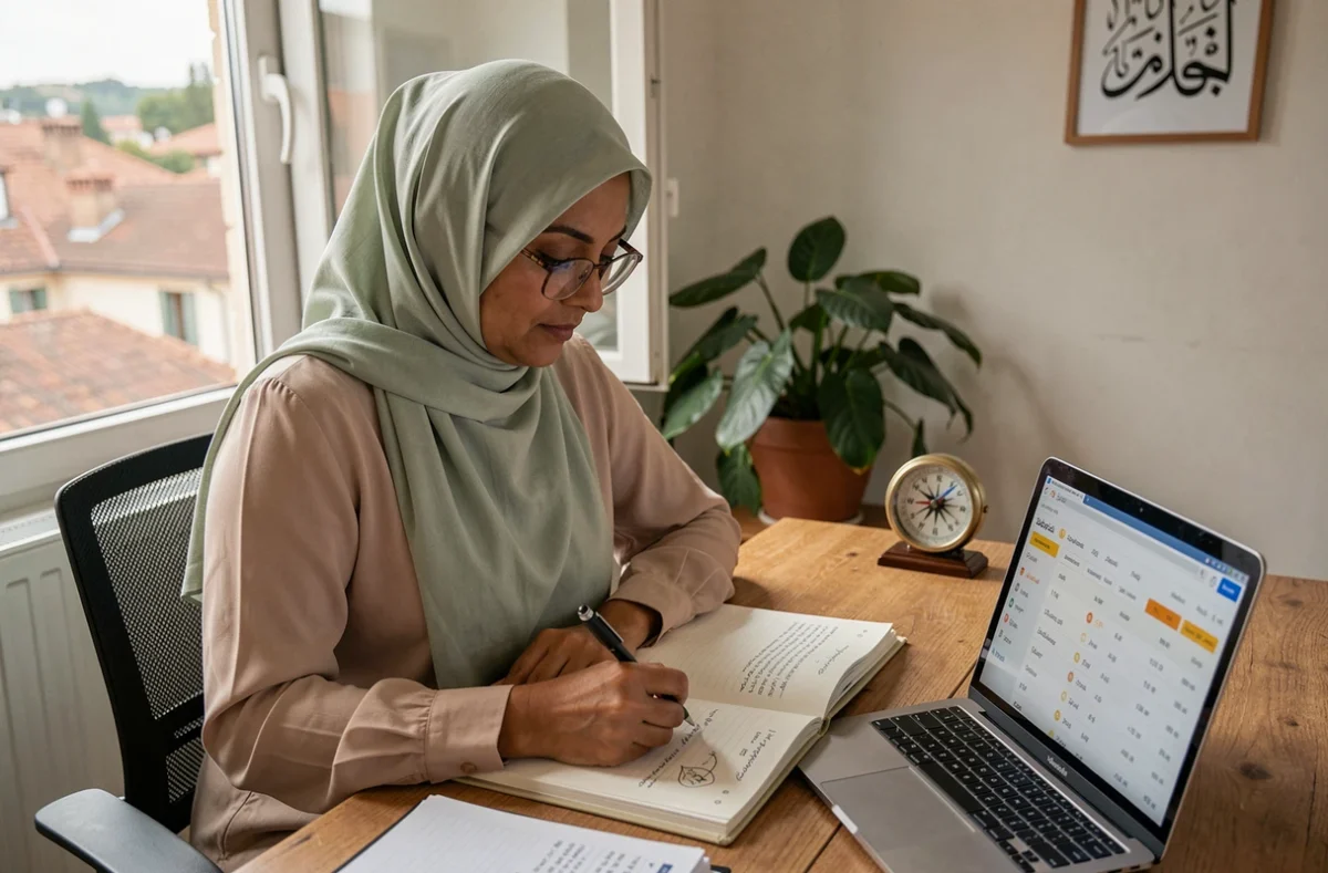 Femme voilée calculant les heures de prière Fajr et Icha à Toulouse sur un agenda et un ordinateur portable