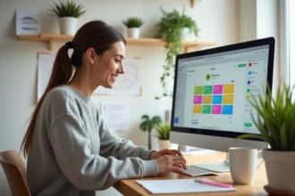 Femme utilisant un calendrier de réseaux sociaux sur son ordinateur dans un bureau à domicile moderne