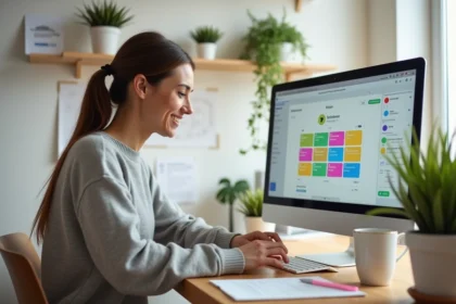 Femme utilisant un calendrier de réseaux sociaux sur son ordinateur dans un bureau à domicile moderne