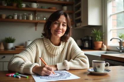 Femme adulte coloriant un mandala anti-stress imprimé à la maison, ambiance détente et bien-être