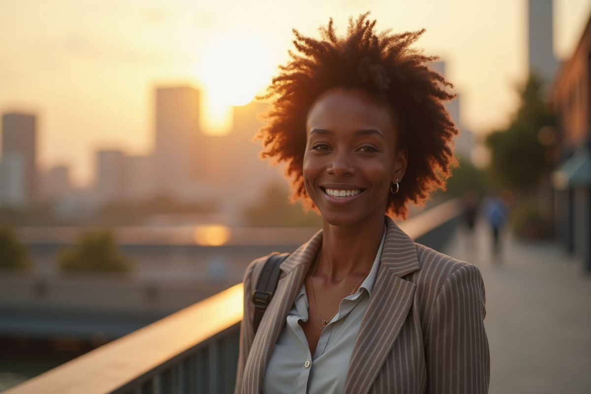 Femme africaine confiante en extérieur au coucher du soleil