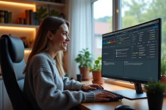 Femme en configuration de jeux sur son ordinateur à la maison