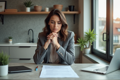 Femme d'affaires examine des documents de prêt immobilier