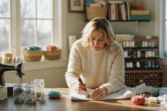 Femme en pull en laine appliquant une bordure décorative