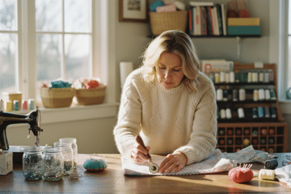 Femme en pull en laine appliquant une bordure décorative