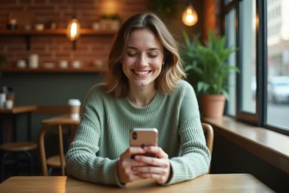 Jeune femme croisant les doigts en attendant de bonnes nouvelles dans un café cosy, illustrant les symboles de chance et les emojis porte-bonheur