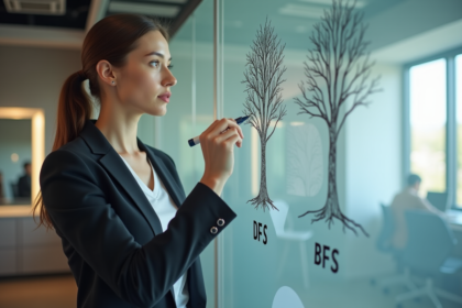 Jeune femme dessinant des arbres de recherche sur un tableau blanc
