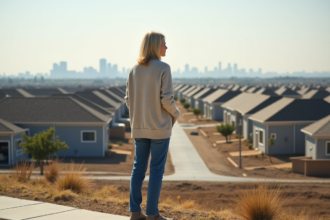 Femme debout regardant la banlieue en construction