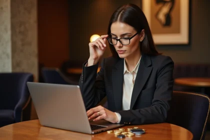 Femme élégante en blazer dans un lounge luxe