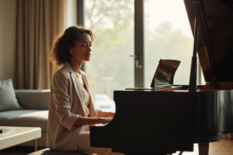 Femme élégante africaine au piano dans un salon lumineux