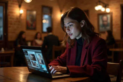 Jeune femme espagnole regardant une série en streaming dans un café de Madrid, ambiance éditoriale