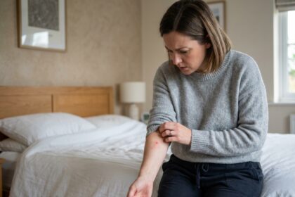 Femme regardant un petit point rouge sur le bras