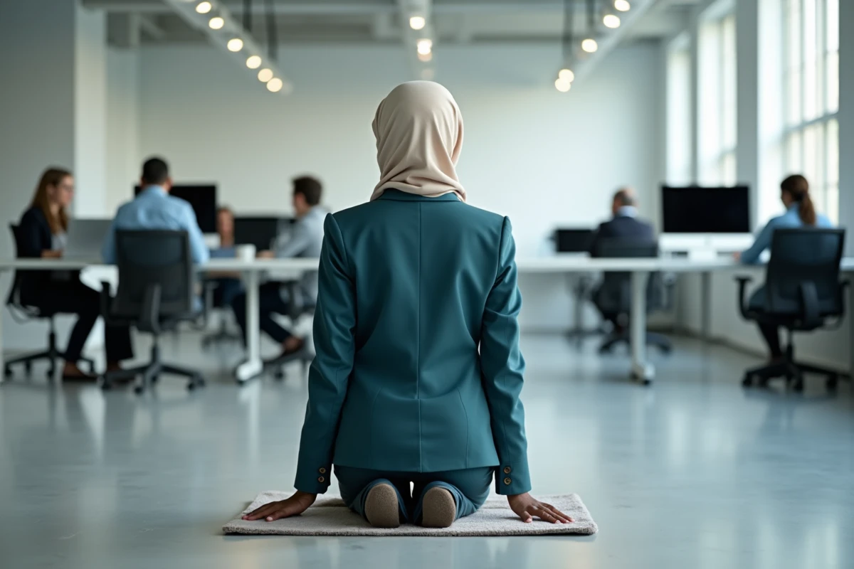 Femme voilée pratiquant le salat dans un coin discret d'un open space professionnel à Nantes