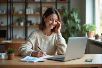 Femme confiante travaillant sur ses investissements à la maison