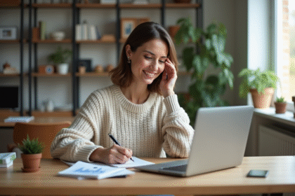 Femme confiante travaillant sur ses investissements à la maison