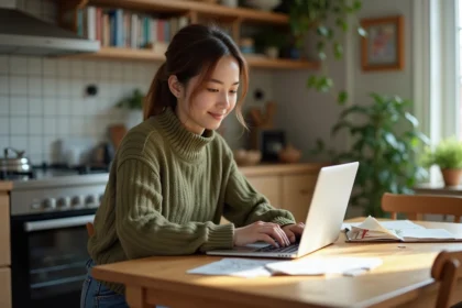 Jeune femme en cuisine lisant un puzzle sur son ordinateur