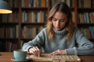 Femme concentrée jouant au Scrabble classique sur un bureau en bois, comparaison entre jeux de lettres traditionnels et jeux en ligne