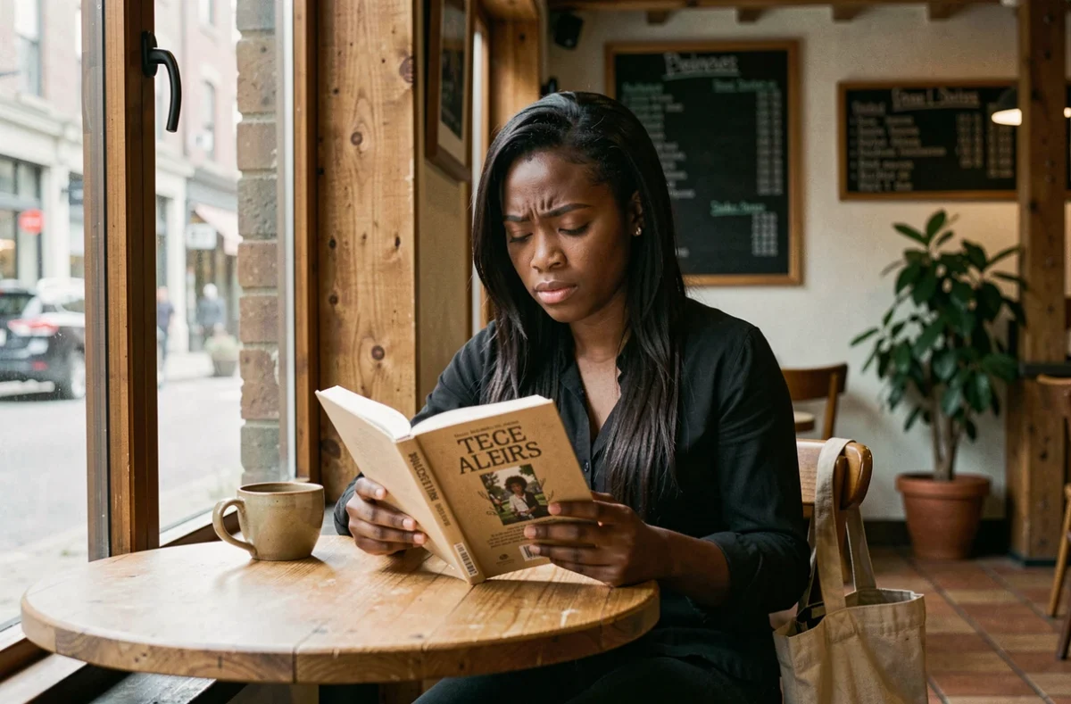 Jeune femme lisant un livre dans un café, illustrant la réflexion personnelle sur les concepts sociaux comme le wokisme
