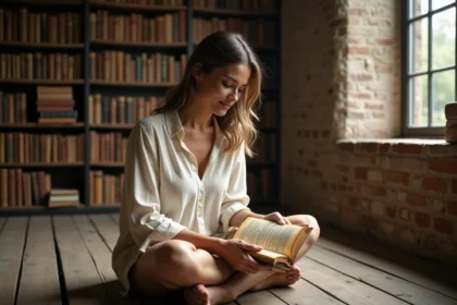Femme lisant un livre sacré ancien dans une bibliothèque chaleureuse avec des étagères en bois et une ambiance intimiste