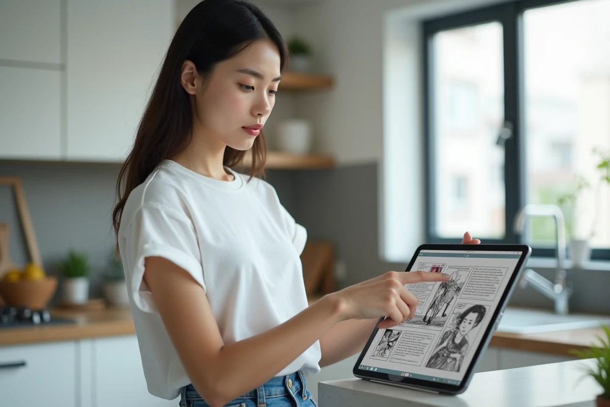 Jeune femme consultant une application de lecture de manga sur tablette dans une cuisine moderne