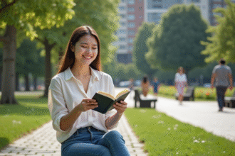 Jeune femme souriante lisant dans un parc en été