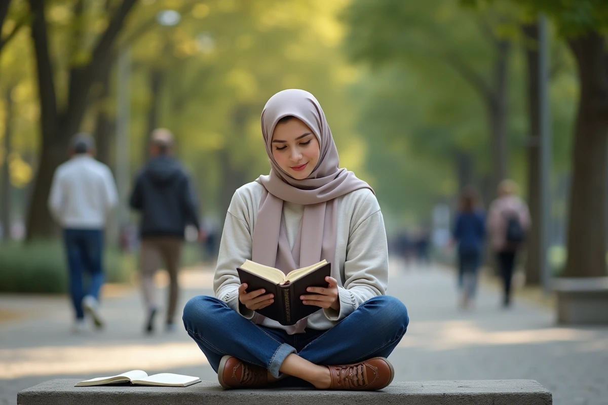 Jeune femme lisant le Quran en plein air dans un parc