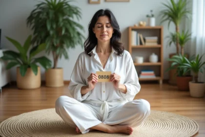 Femme méditant dans un salon paisible avec carte 0808