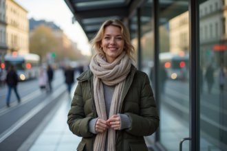 Femme souriante ajustant une écharpe à un arrêt de tram