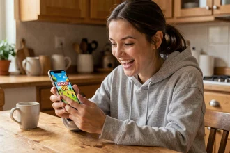 Jeune femme jouant à Monopoly GO sur smartphone à table, sourire authentique devant des liens gratuits trouvés en 2026