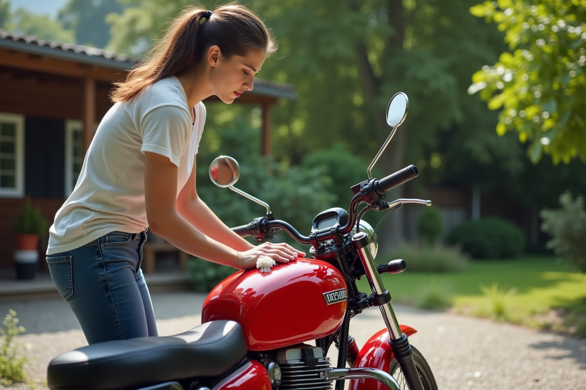 Jeune femme nettoyant un réservoir de moto Chappy 125 brillante