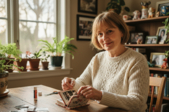 Femme assise à la cuisine arrangeant un mini album photo