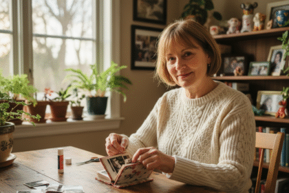 Femme assise à la cuisine arrangeant un mini album photo