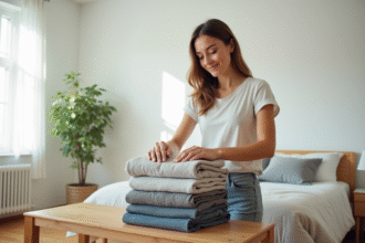 Jeune femme plie des vêtements dans une chambre lumineuse
