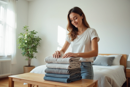 Jeune femme plie des vêtements dans une chambre lumineuse
