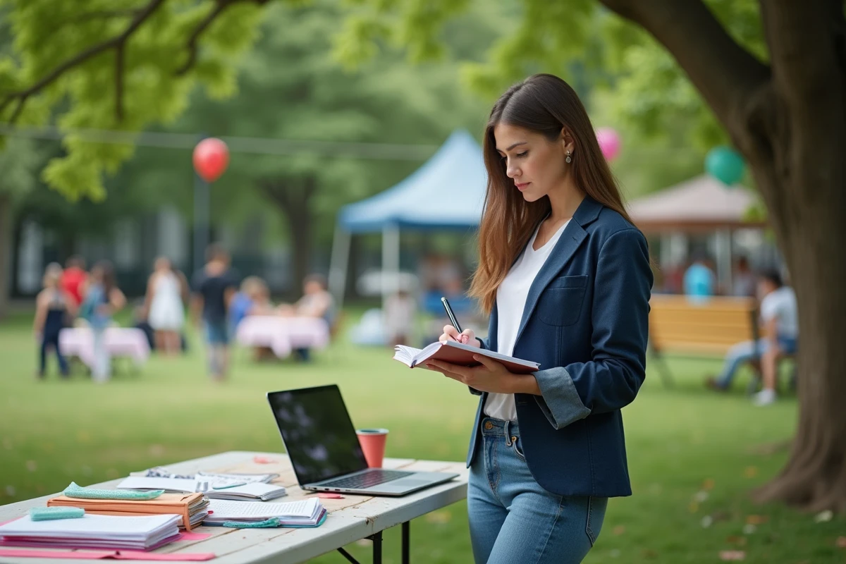 Jeune femme préparant un événement en extérieur