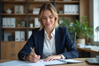 Femme en blazer navy examine un document au bureau